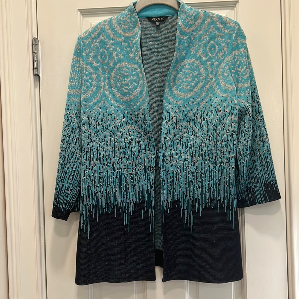 Misook Acrylic Sweater Jacket In Shades Of Blue 3 Quarter Length Sleeves Sz.Ps